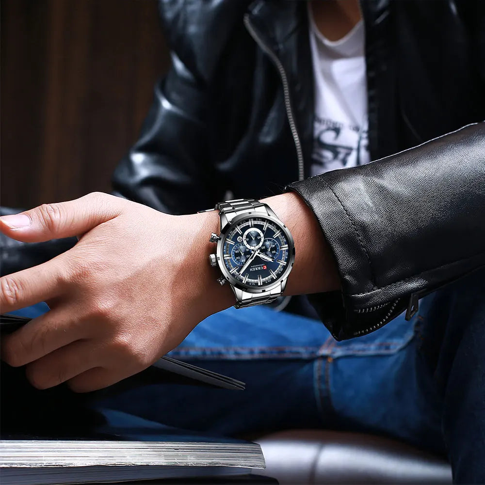 Reloj Curren para hombre con esfera azul, correa de acero inoxidable y fecha, reloj masculino de negocios, resistente al agua, reloj de pulsera de lujo para hombre