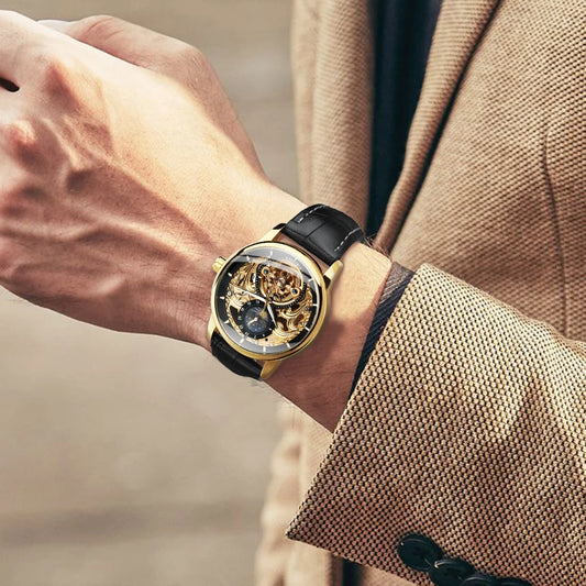 Reloj mecánico automático WINNER, estilo retro clásico, modelo de lujo con tourbillon y esfera esqueletizada, provisto de fase lunar y correa de cuero auténtico.