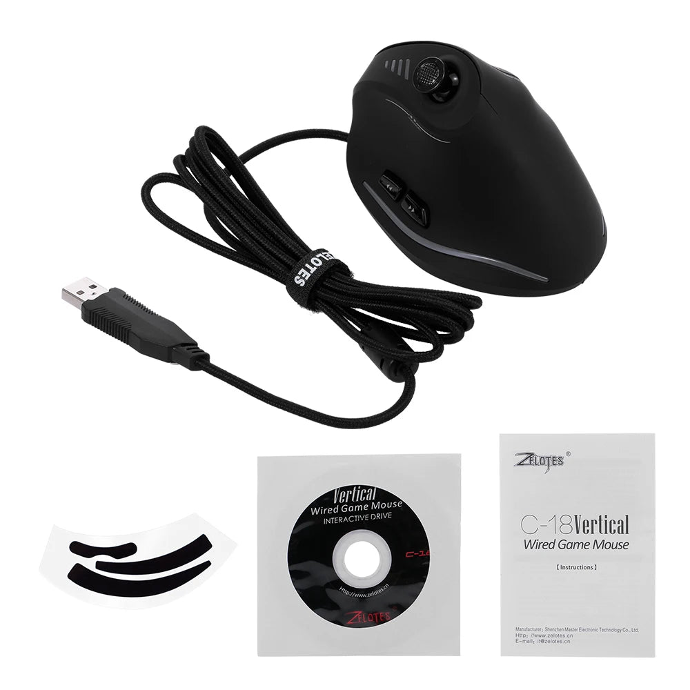 Rato Gaming com Fio Zelotes C-18, 11 Botões Programáveis, Motor Laser 10000DPI, Faixa de Luz RGB, 128KB, Rato Vertical para Portátil e PC