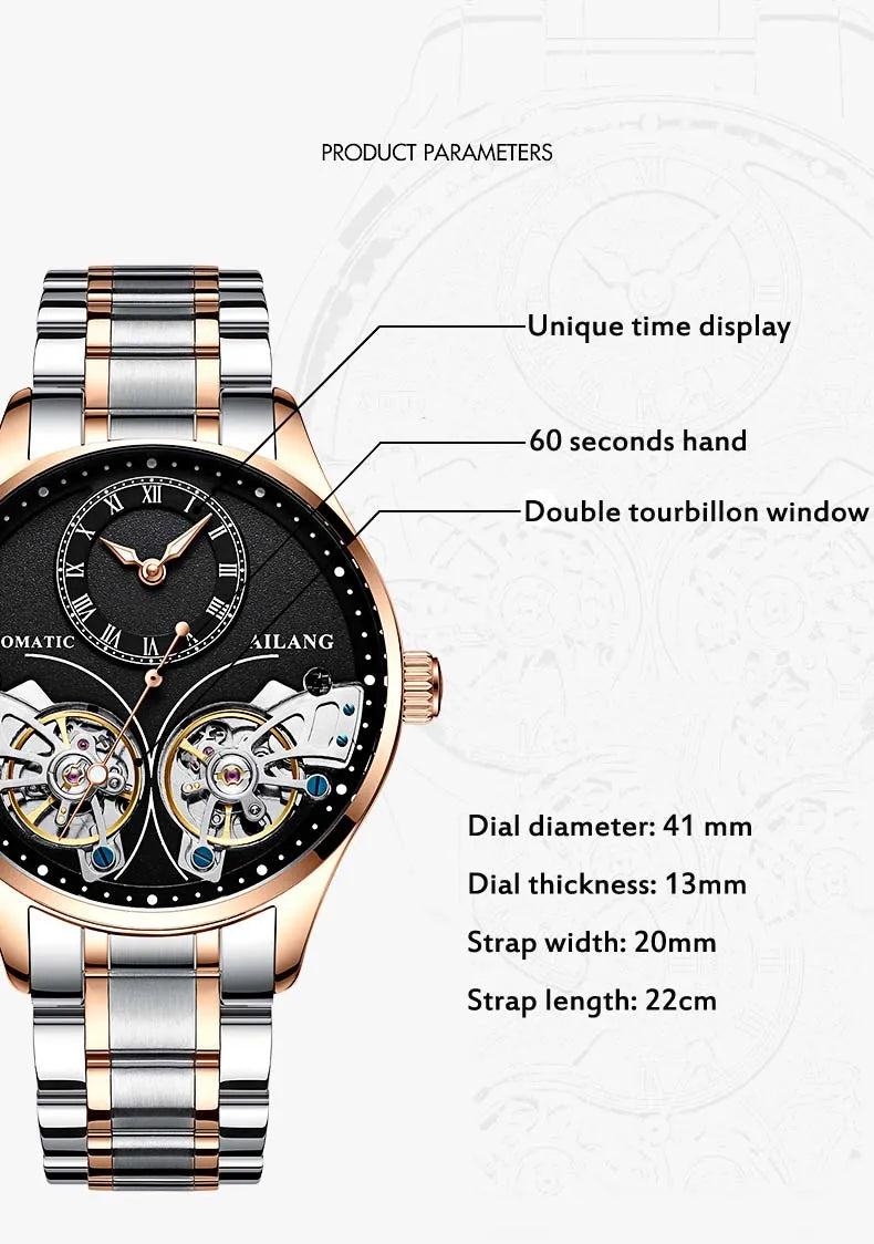 AILANG Brand New Fashion Double Tourbillon Watch for Men Luxury Stainless Steel Waterproof Automatic Mechanical Watches