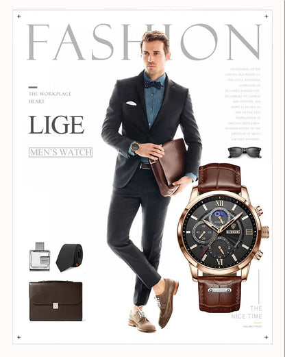 2025 New Men's Watches LIGE Top Brand Luxury Leather Casual Quartz Watch Men's Sport Waterproof Clock Watch Relogio Masculino+Box