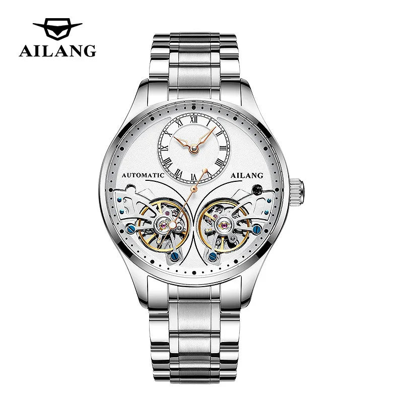 AILANG Brand New Fashion Double Tourbillon Watch for Men Luxury Stainless Steel Waterproof Automatic Mechanical Watches