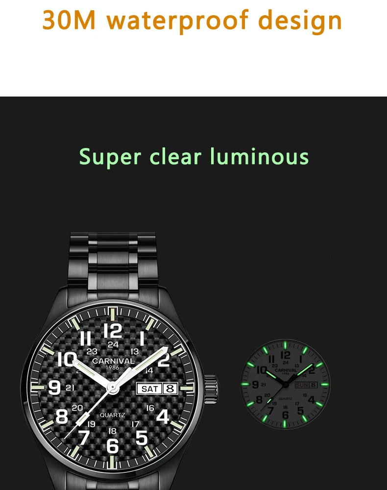 Orologio da uomo CARNIVAL Luxury Brand 8638 al quarzo, lancette luminose, impermeabile, in solido acciaio inossidabile