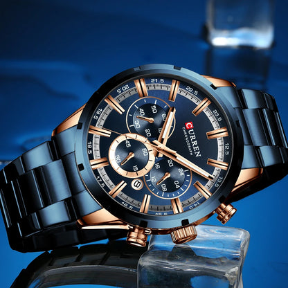 Reloj Curren para hombre con esfera azul, correa de acero inoxidable y fecha, reloj masculino de negocios, resistente al agua, reloj de pulsera de lujo para hombre