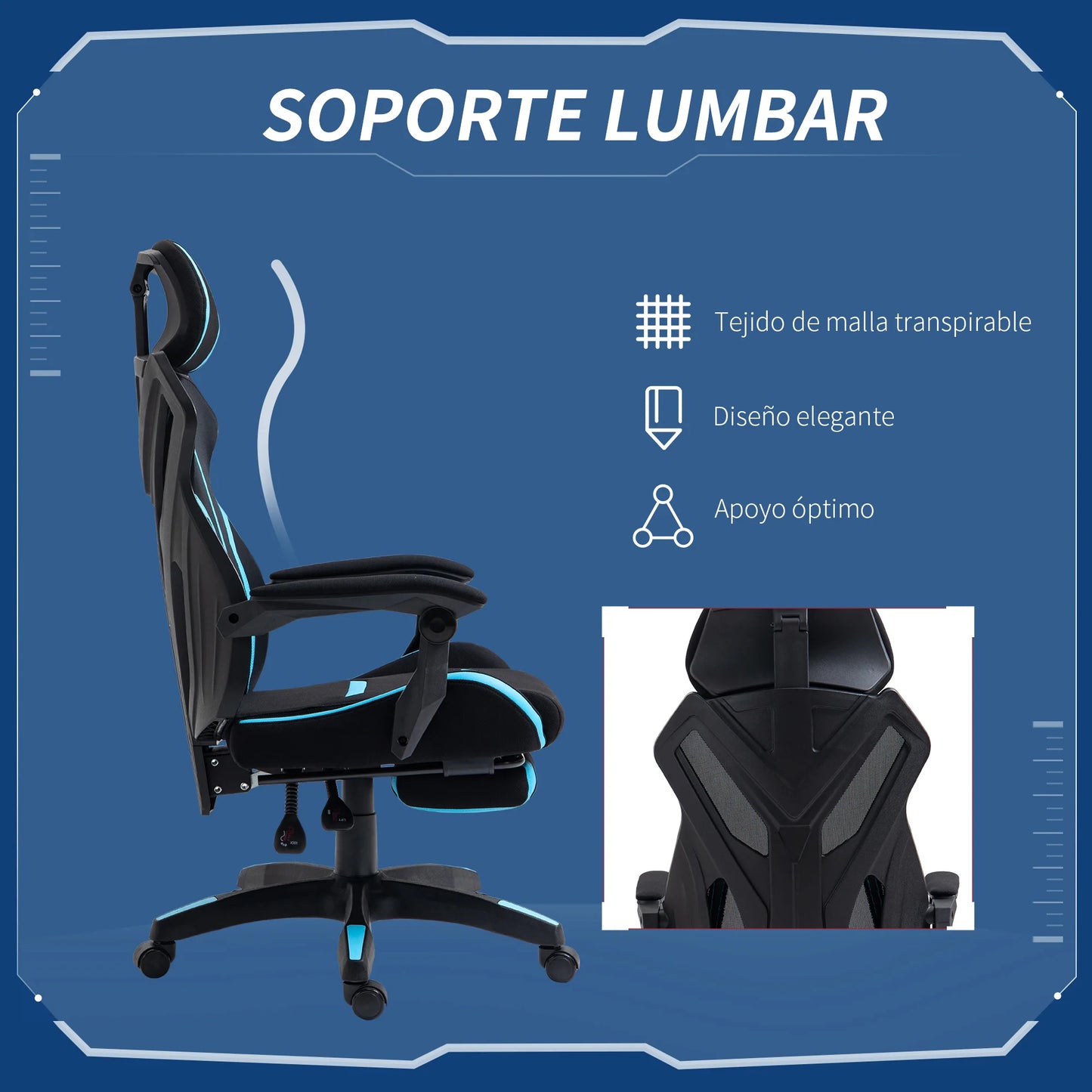 Vinsetto Retractable Height Adjustable Blue Footrest Retractable Gaming Chair