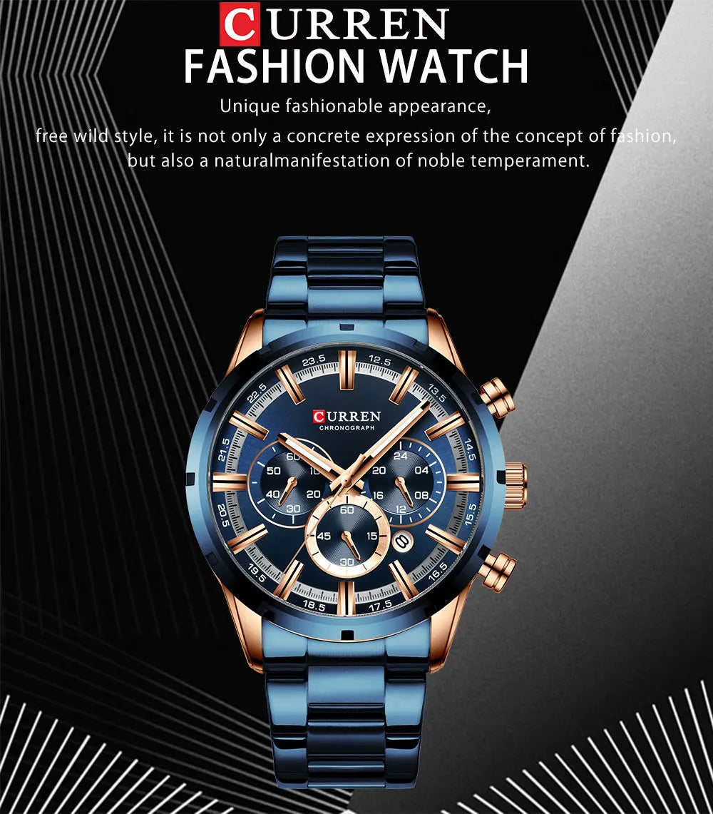 Reloj Curren para hombre con esfera azul, correa de acero inoxidable y fecha, reloj masculino de negocios, resistente al agua, reloj de pulsera de lujo para hombre