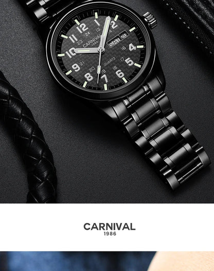Orologio da uomo CARNIVAL Luxury Brand 8638 al quarzo, lancette luminose, impermeabile, in solido acciaio inossidabile