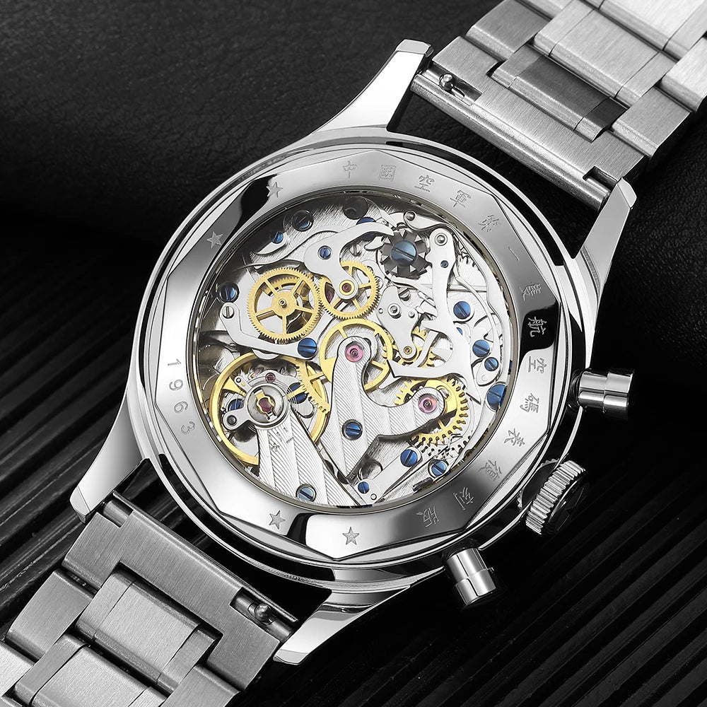 Red Star Panda Men's 1963 Chronograph Mechanical Wristwatch Seagull ST1901 Movement Gooseneck 40mm Luminous Sapphire Pilot Watch