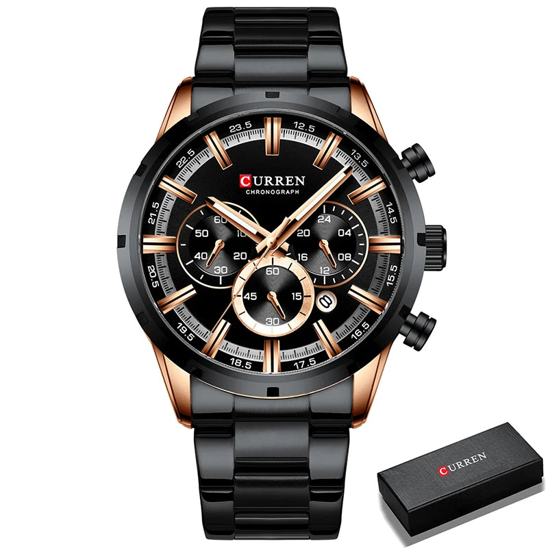 Zegarek męski CURREN – luksusowy chronograf sportowy, mechanizm kwarcowy, w całości ze stali, wodoodporny