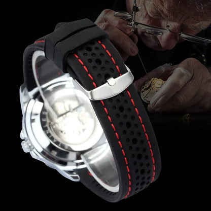 Vyrų automatinis laikrodis „WINNER“ – mechaninis skeletinis modelis, šviečiantys rodyklės, guminė apyrankė, sportiškas ir prabangus stilius, idealiai tinka veiklai lauke