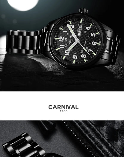 Orologio da uomo CARNIVAL Luxury Brand 8638 al quarzo, lancette luminose, impermeabile, in solido acciaio inossidabile
