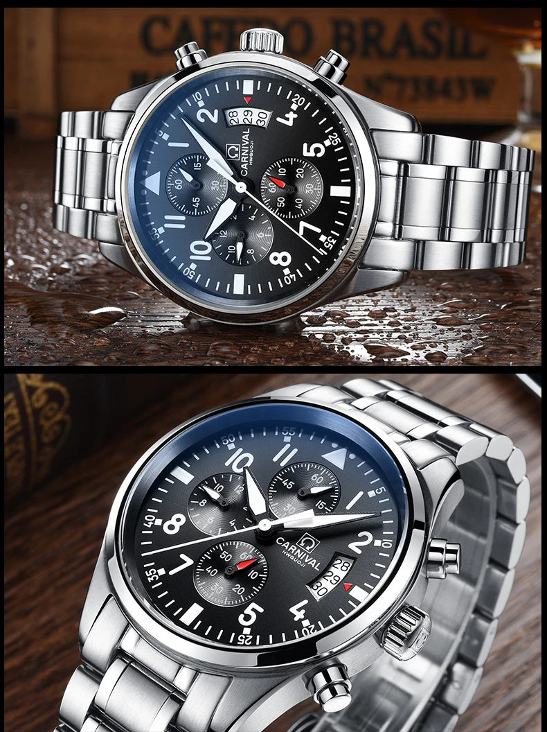 Chronograph luminous military running sport full steel men stopwatch genuine leather strap luxury brand watches sapphire reloj