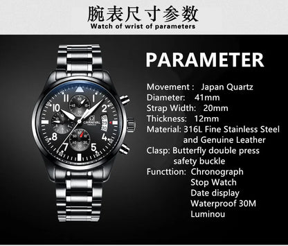 Chronograph luminous military running sport full steel men stopwatch genuine leather strap luxury brand watches sapphire reloj