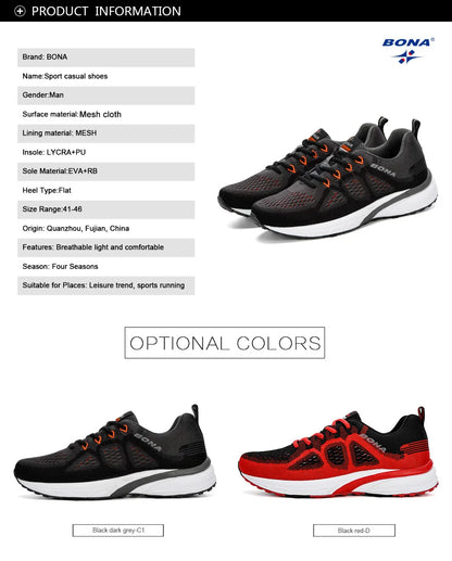 BONA Sneakers for Men, Sport Mesh Trainers, Lightweight Running Shoes for Women, Outdoor Athletic Shoes for Men