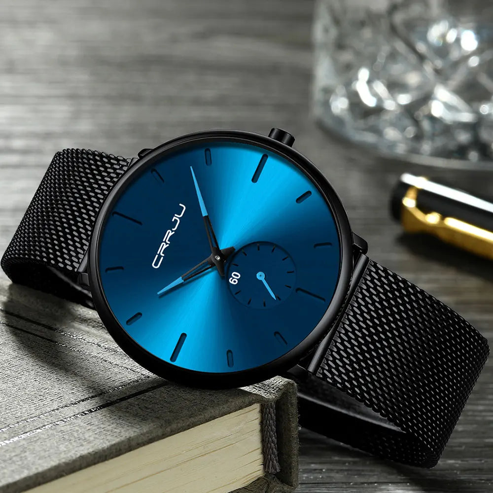 Montre pour homme CRRJU – Montre à quartz de luxe, style décontracté, fine, avec bracelet en maille d'acier, étanche et sportive.