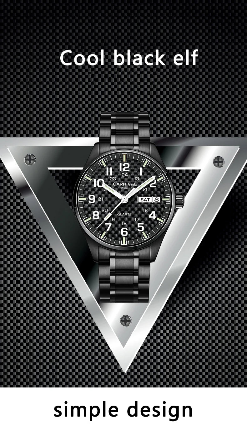 Orologio da uomo CARNIVAL Luxury Brand 8638 al quarzo, lancette luminose, impermeabile, in solido acciaio inossidabile