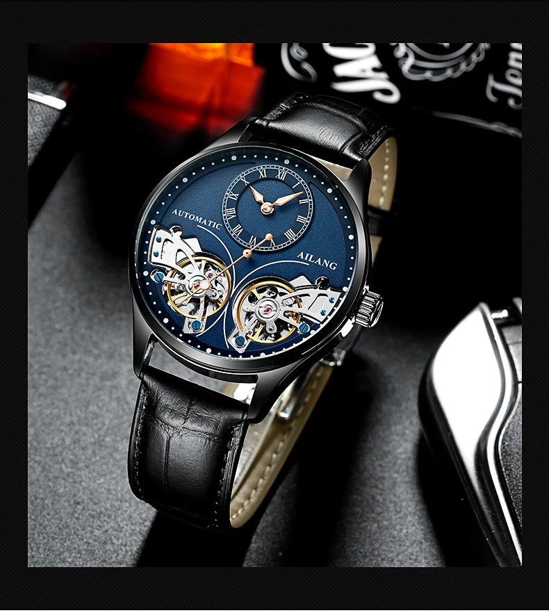 AILANG Brand New Fashion Double Tourbillon Watch for Men Luxury Stainless Steel Waterproof Automatic Mechanical Watches