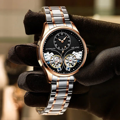 AILANG Brand New Fashion Double Tourbillon Watch for Men Luxury Stainless Steel Waterproof Automatic Mechanical Watches