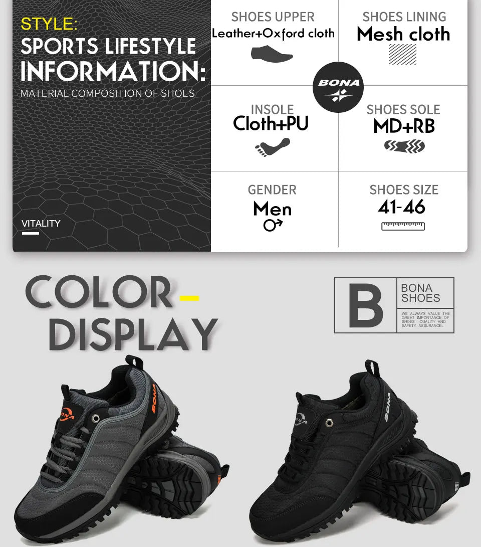 BONA New Arrival Hiking Shoes Men Mountain Climbing Outdoor Trainer Footwear Trekking Sport Sneakers Comfortable