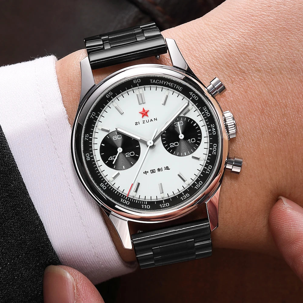 Red Star Panda Men's 1963 Chronograph Mechanical Wristwatch Seagull ST1901 Movement Gooseneck 40mm Luminous Sapphire Pilot Watch