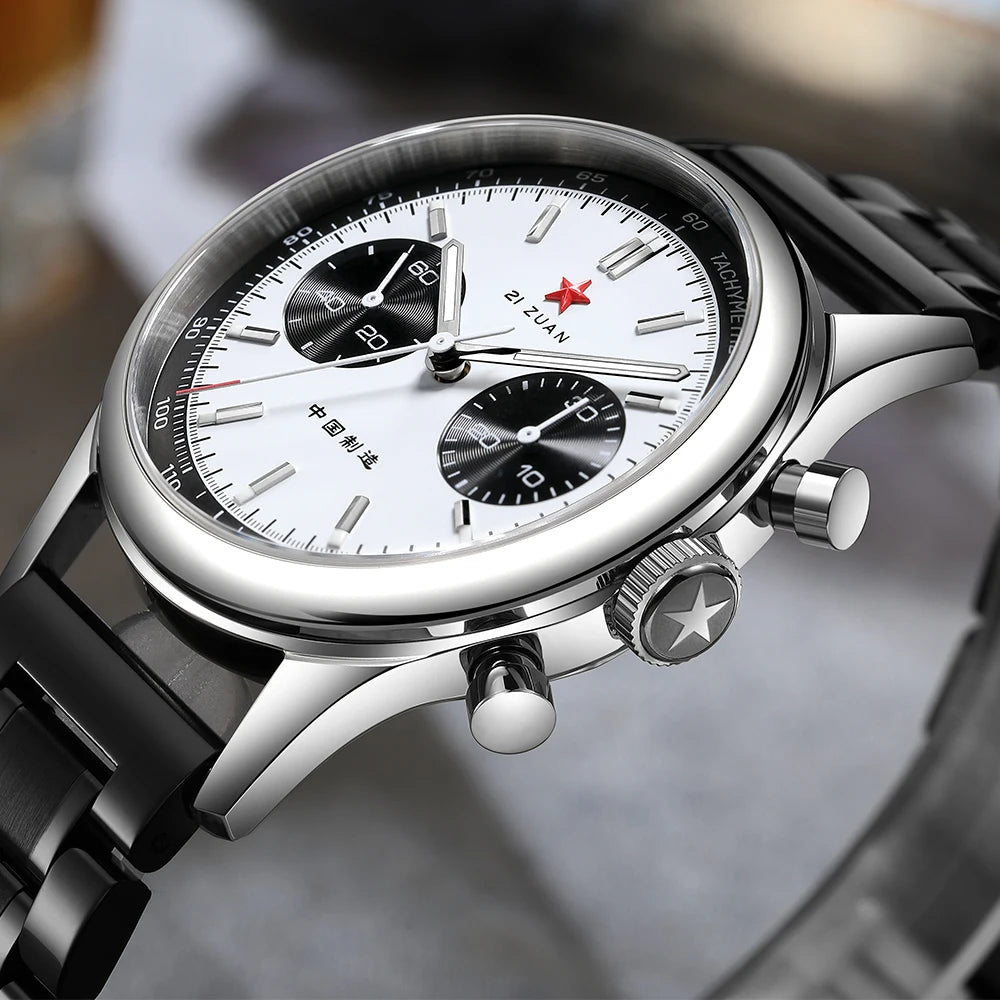 Red Star Panda Men's 1963 Chronograph Mechanical Wristwatch Seagull ST1901 Movement Gooseneck 40mm Luminous Sapphire Pilot Watch