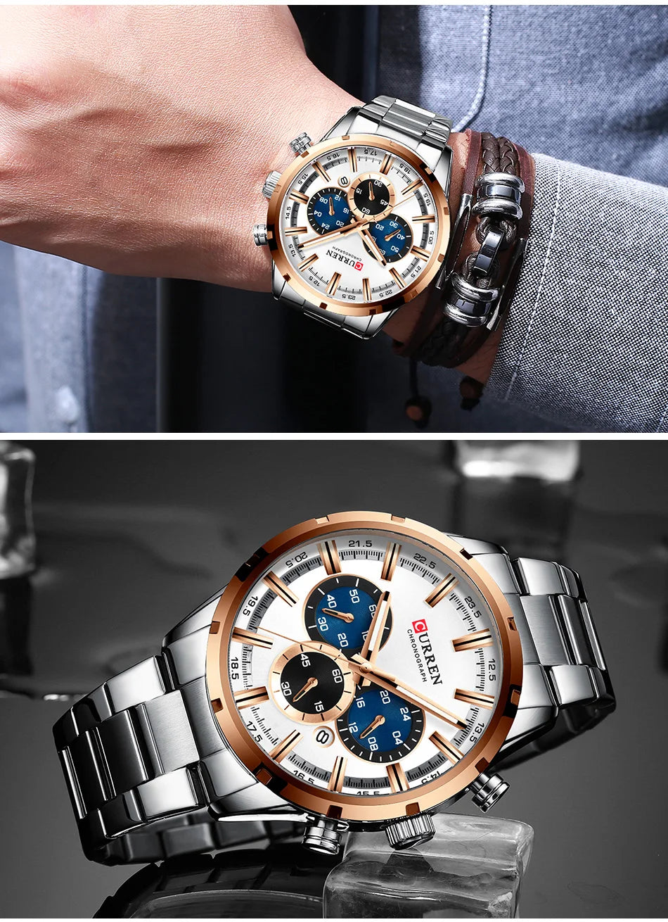Zegarek męski CURREN – luksusowy chronograf sportowy, mechanizm kwarcowy, w całości ze stali, wodoodporny