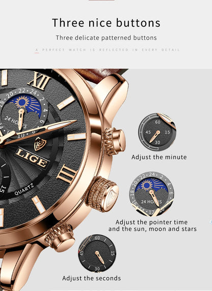 2025 New Men's Watches LIGE Top Brand Luxury Leather Casual Quartz Watch Men's Sport Waterproof Clock Watch Relogio Masculino+Box
