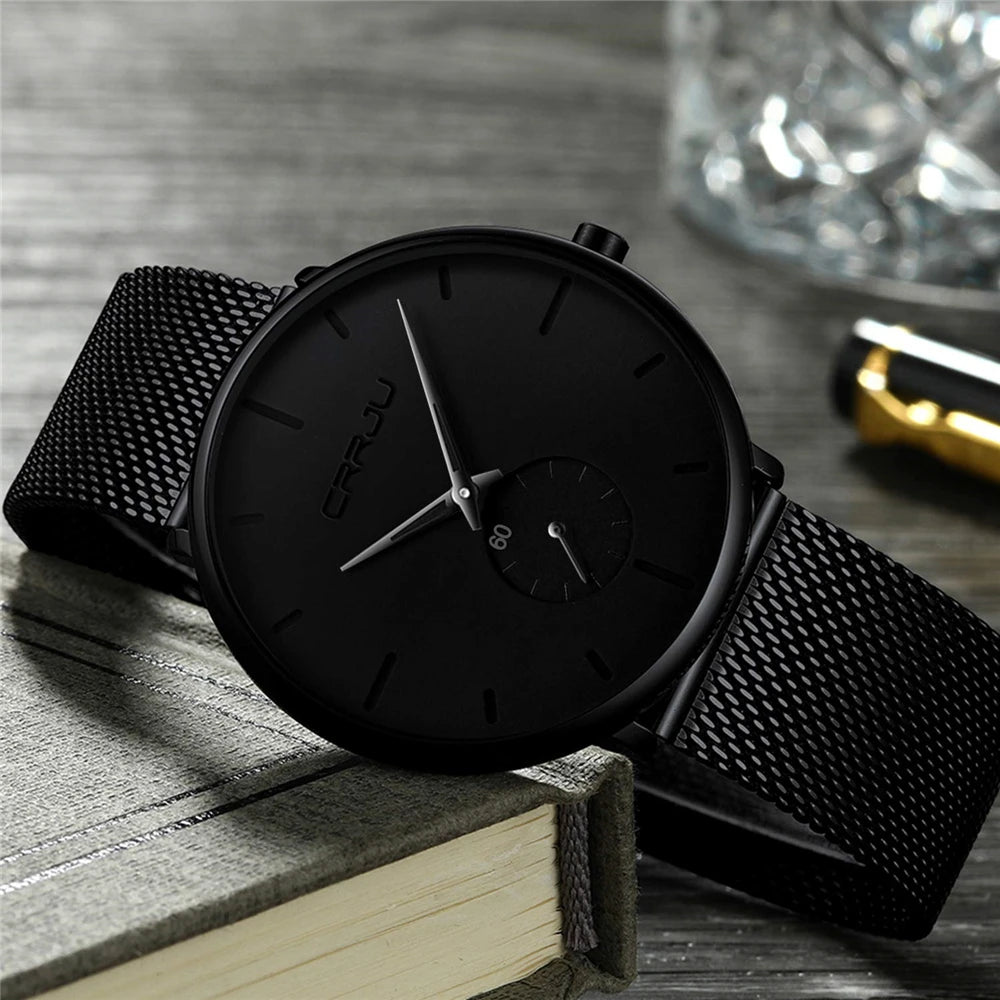 Montre pour homme CRRJU – Montre à quartz de luxe, style décontracté, fine, avec bracelet en maille d'acier, étanche et sportive.