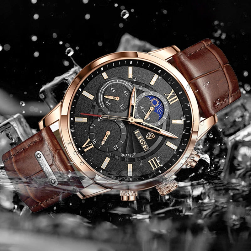 2025 New Men's Watches LIGE Top Brand Luxury Leather Casual Quartz Watch Men's Sport Waterproof Clock Watch Relogio Masculino+Box