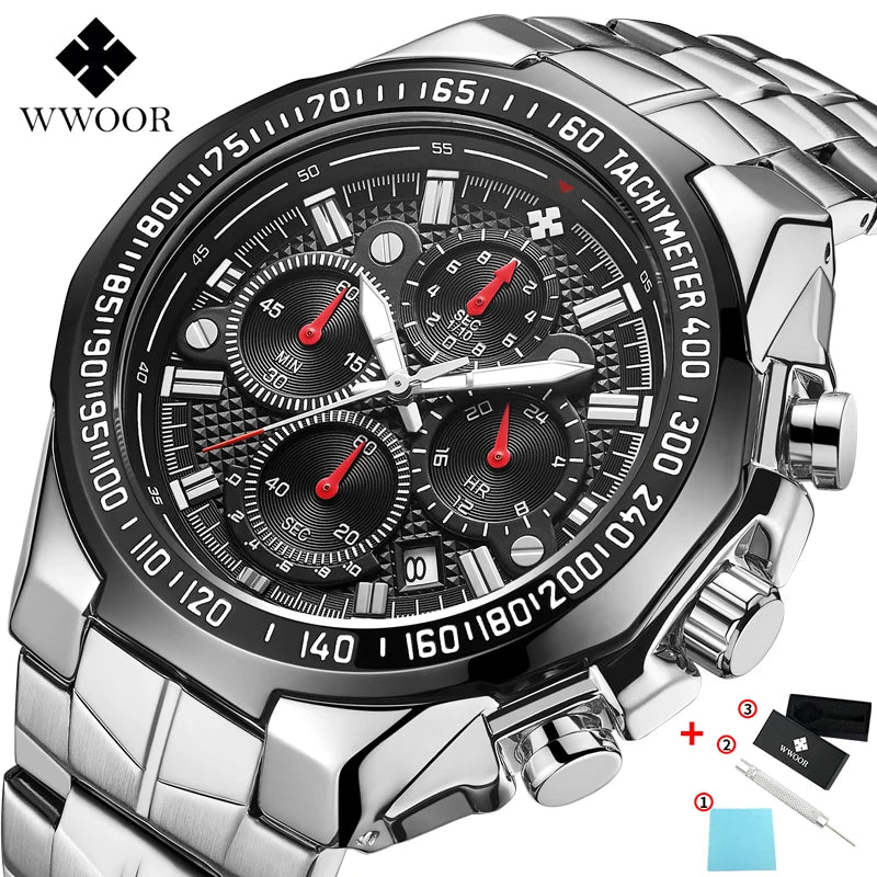 WWOOR Top Brand Luxury Sport Watch For Men Quartz Chronograph Date Luminous Black Full Steel Wrist Watch Male Clock Reloj Hombre