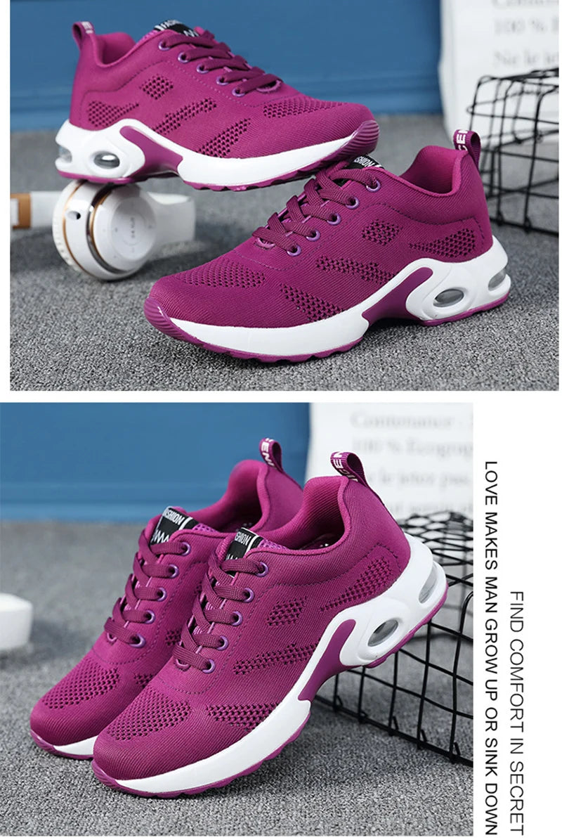 Ténis de moda para mulher, leves, para corrida, para desportos ao ar livre, em malha respirável, confortáveis, com almofada de ar e com atacadores
