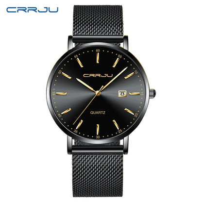 reloj hombre CRRJU Top Brand Luxury Blue Waterproof Watches Slim Stylish Date Casual Quartz Watch Men Sports Mesh Strap Clock