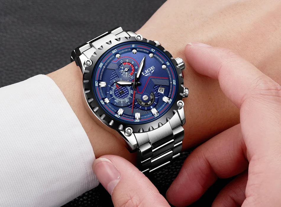 LIGE Men’s Watch – Trendy quartz watch, luxury brand, all-steel, professional style, water-resistant and sporty – Supplied with box
