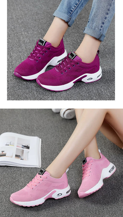 Ténis de moda para mulher, leves, para corrida, para desportos ao ar livre, em malha respirável, confortáveis, com almofada de ar e com atacadores
