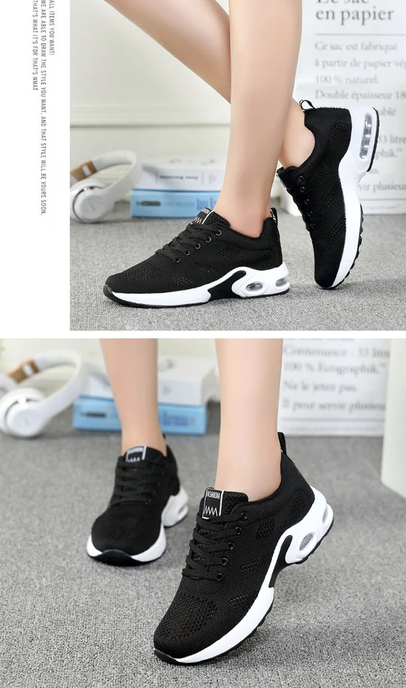 Ténis de moda para mulher, leves, para corrida, para desportos ao ar livre, em malha respirável, confortáveis, com almofada de ar e com atacadores