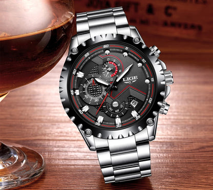 LIGE Men’s Watch – Trendy quartz watch, luxury brand, all-steel, professional style, water-resistant and sporty – Supplied with box