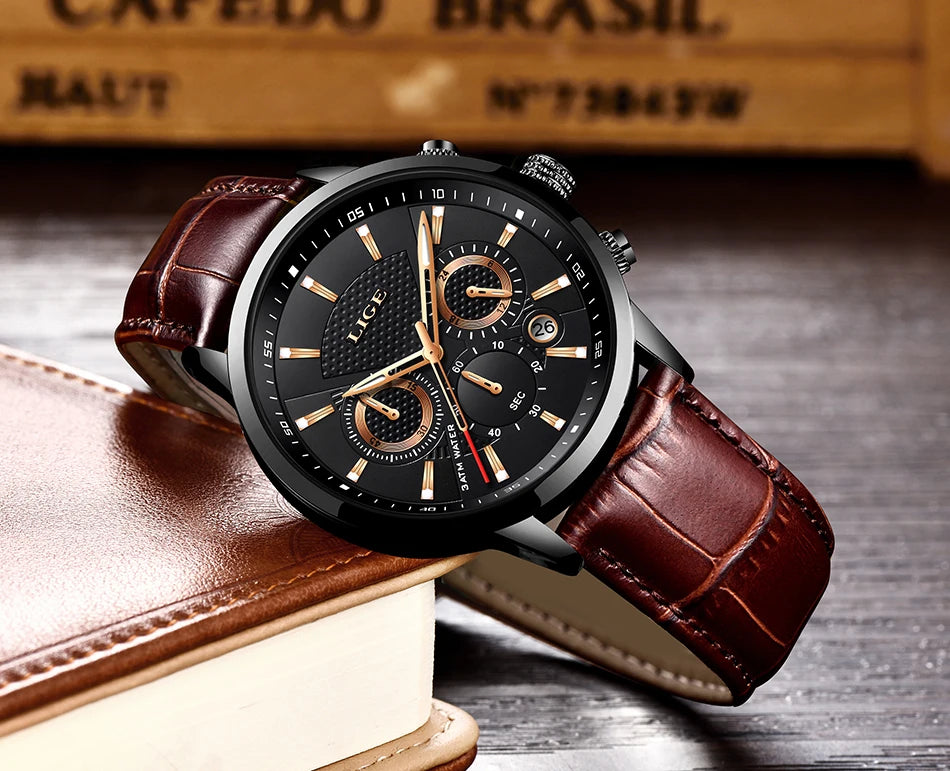 2025 New Men's Watches LIGE Top Brand Luxury Leather Casual Quartz Watch Men's Sport Waterproof Clock Watch Relogio Masculino+Box