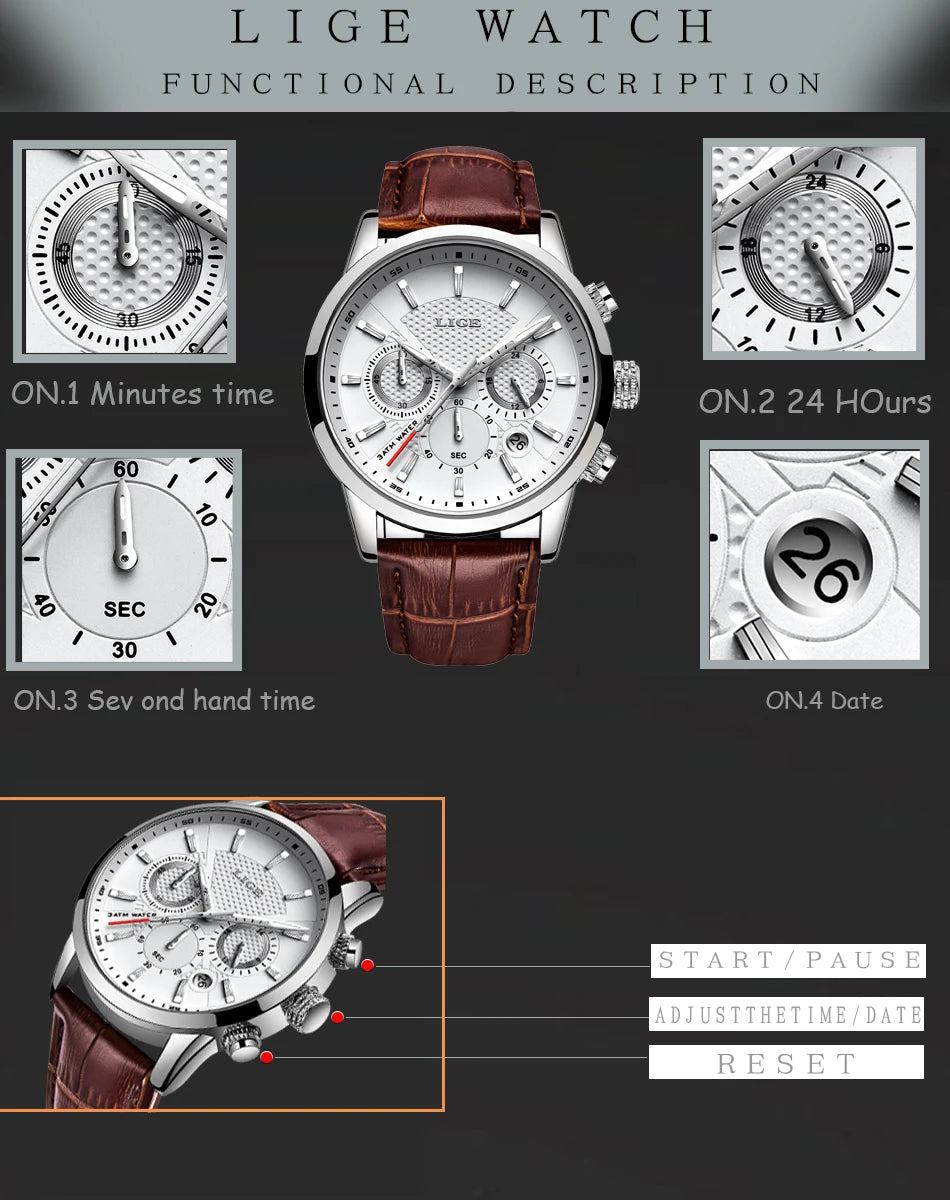 2025 New Men's Watches LIGE Top Brand Luxury Leather Casual Quartz Watch Men's Sport Waterproof Clock Watch Relogio Masculino+Box