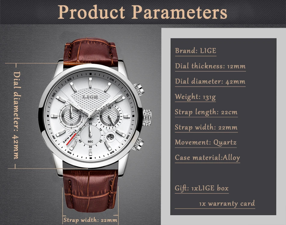 2025 New Men's Watches LIGE Top Brand Luxury Leather Casual Quartz Watch Men's Sport Waterproof Clock Watch Relogio Masculino+Box