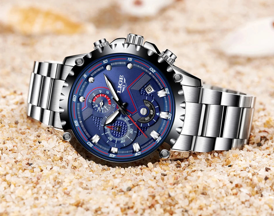 LIGE Men’s Watch – Trendy quartz watch, luxury brand, all-steel, professional style, water-resistant and sporty – Supplied with box