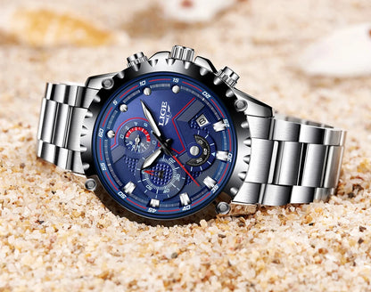 LIGE Men’s Watch – Trendy quartz watch, luxury brand, all-steel, professional style, water-resistant and sporty – Supplied with box
