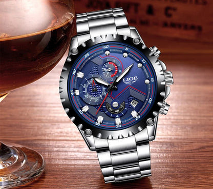 LIGE Men’s Watch – Trendy quartz watch, luxury brand, all-steel, professional style, water-resistant and sporty – Supplied with box