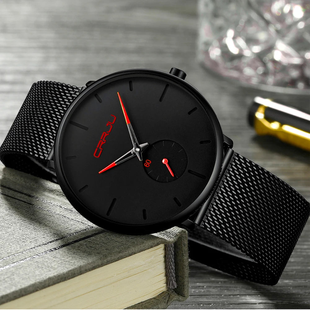 Montre pour homme CRRJU – Montre à quartz de luxe, style décontracté, fine, avec bracelet en maille d'acier, étanche et sportive.