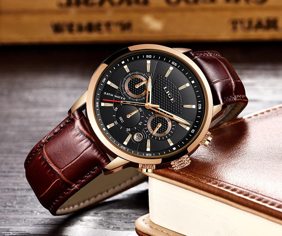 2025 New Men's Watches LIGE Top Brand Luxury Leather Casual Quartz Watch Men's Sport Waterproof Clock Watch Relogio Masculino+Box