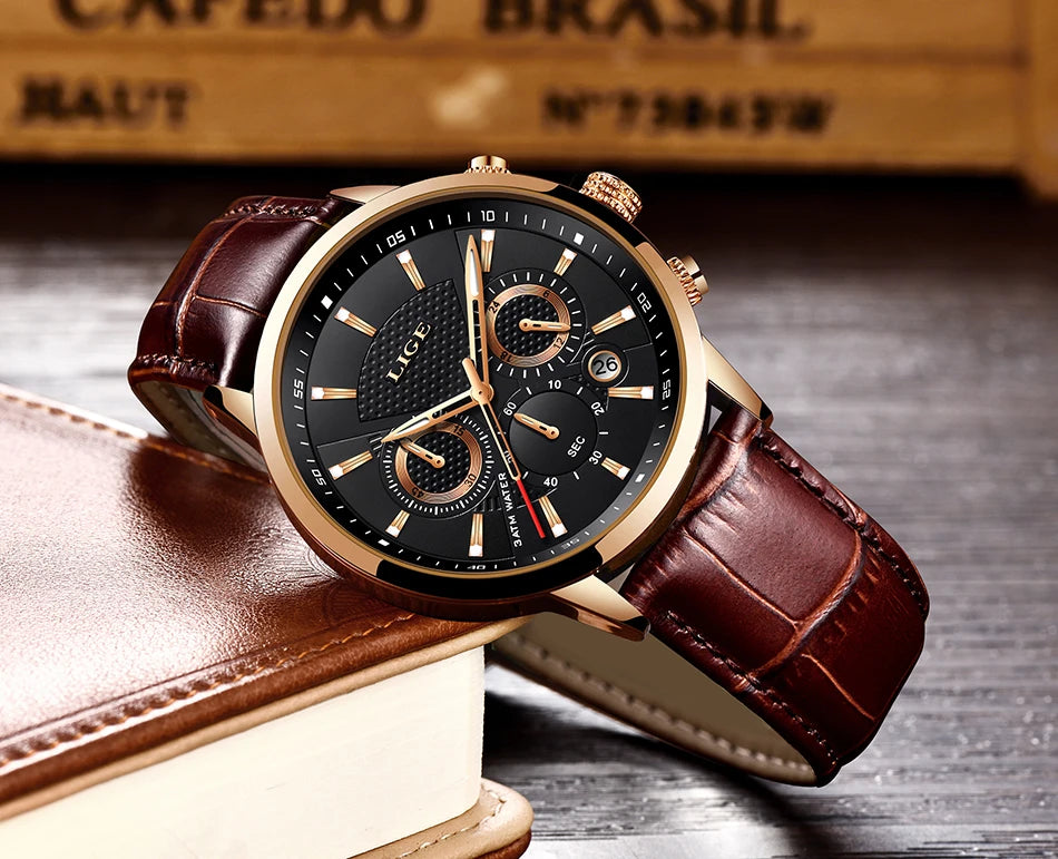 2025 New Men's Watches LIGE Top Brand Luxury Leather Casual Quartz Watch Men's Sport Waterproof Clock Watch Relogio Masculino+Box