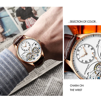 AILANG Brand New Fashion Double Tourbillon Watch for Men Luxury Stainless Steel Waterproof Automatic Mechanical Watches