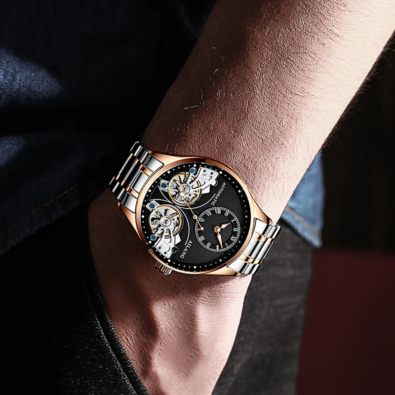 AILANG Brand New Fashion Double Tourbillon Watch for Men Luxury Stainless Steel Waterproof Automatic Mechanical Watches