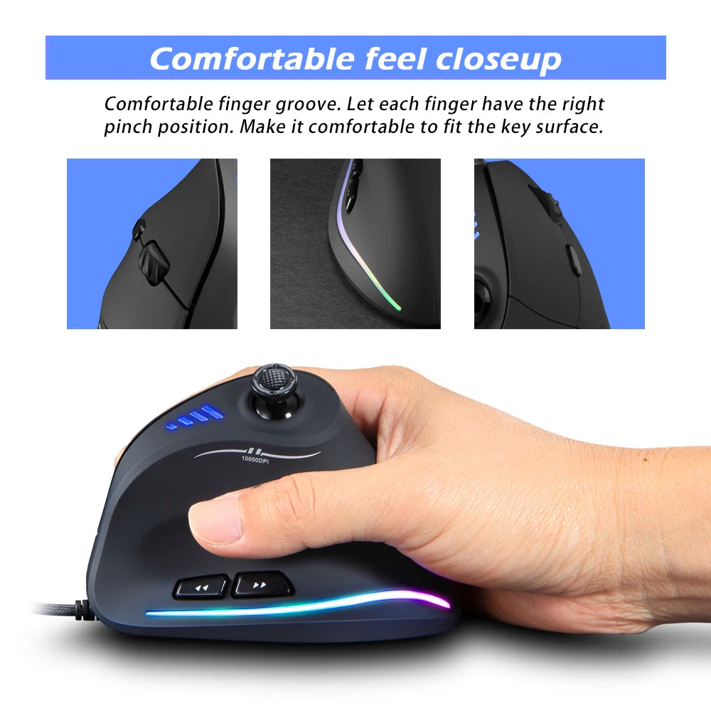 Rato Gaming com Fio Zelotes C-18, 11 Botões Programáveis, Motor Laser 10000DPI, Faixa de Luz RGB, 128KB, Rato Vertical para Portátil e PC