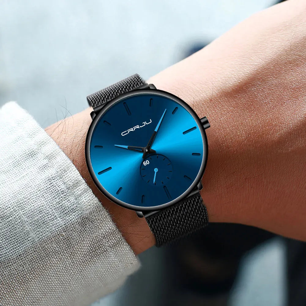 Montre pour homme CRRJU – Montre à quartz de luxe, style décontracté, fine, avec bracelet en maille d'acier, étanche et sportive.
