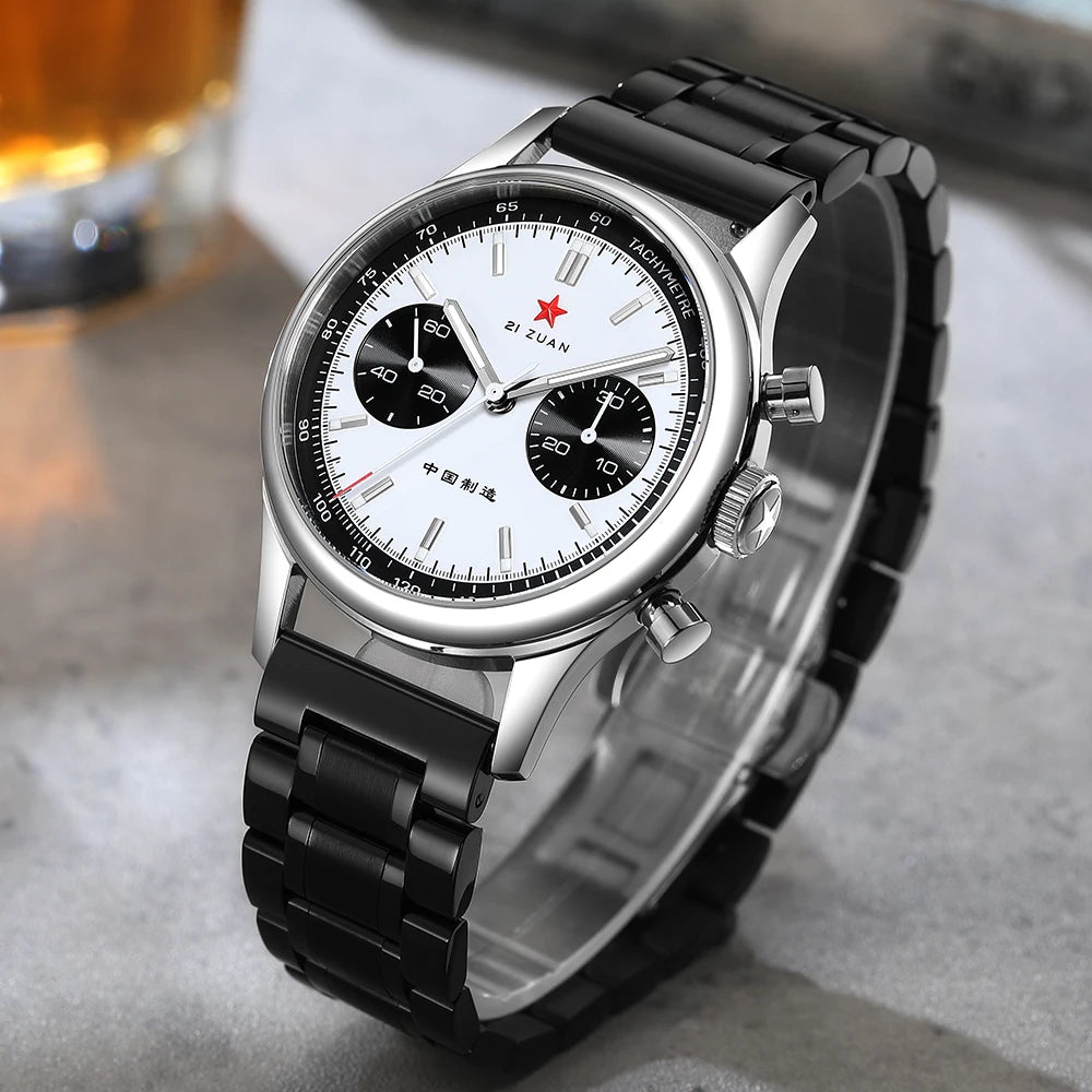 Red Star Panda Men's 1963 Chronograph Mechanical Wristwatch Seagull ST1901 Movement Gooseneck 40mm Luminous Sapphire Pilot Watch